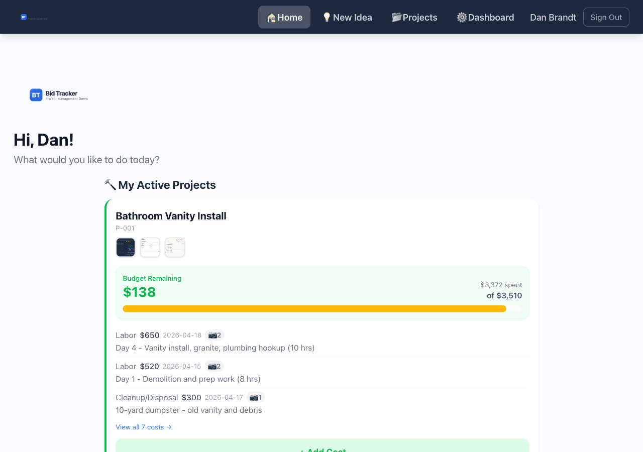 Bid Tracker dashboard with project cards and budget bars