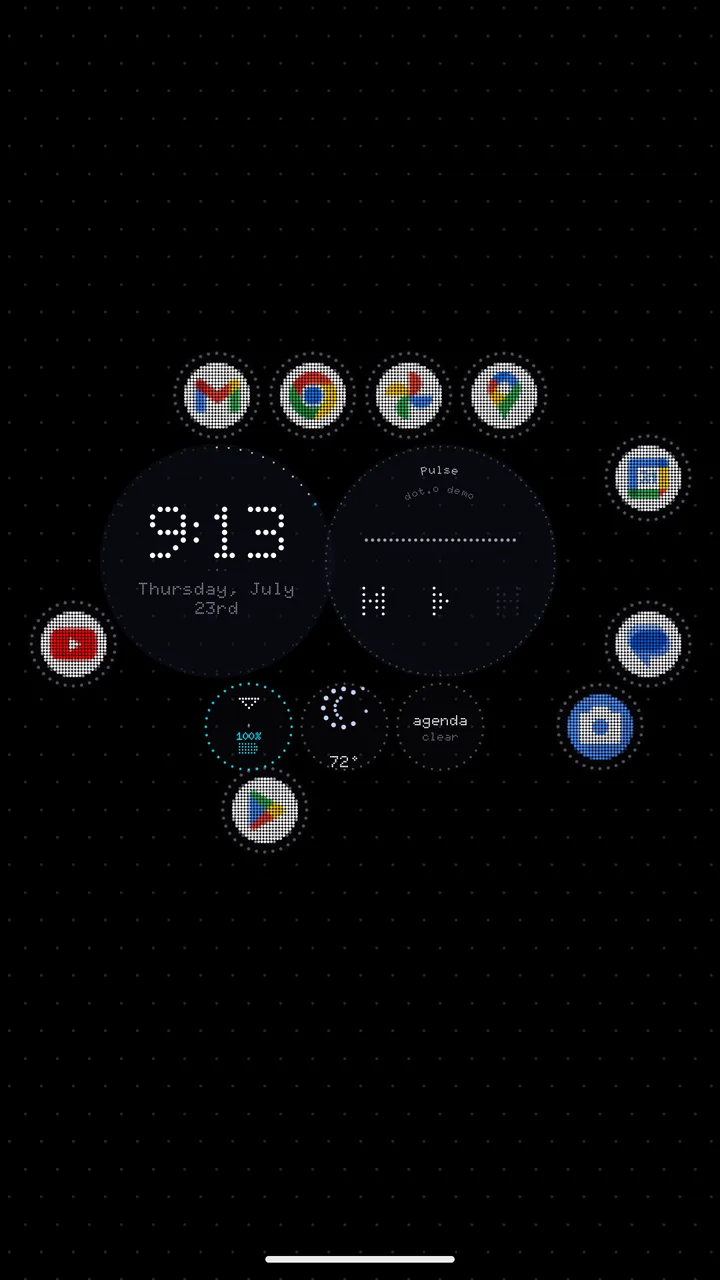 Doto home screen: apps and round widgets placed freely on a dark dotted background