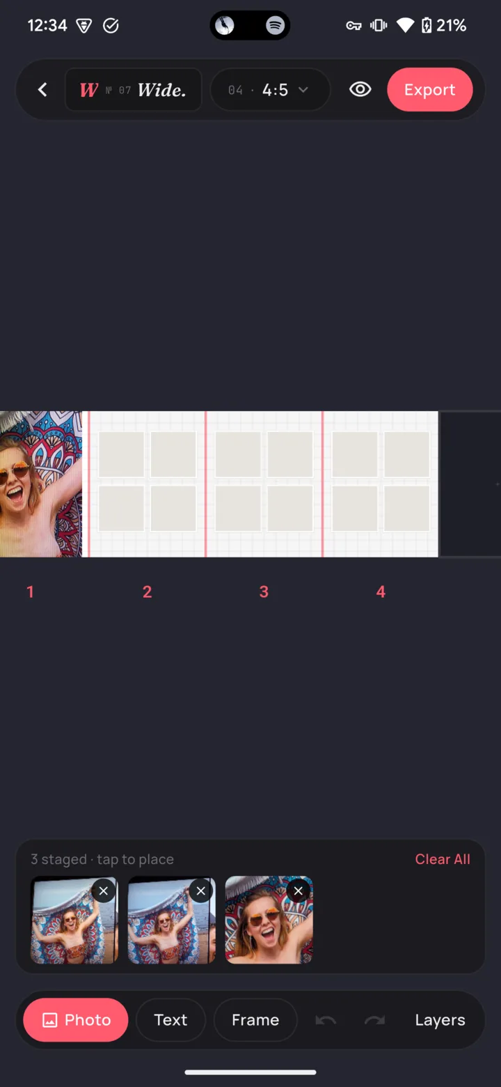 Wide editor showing a four-slide carousel with numbered slides and a photo tray