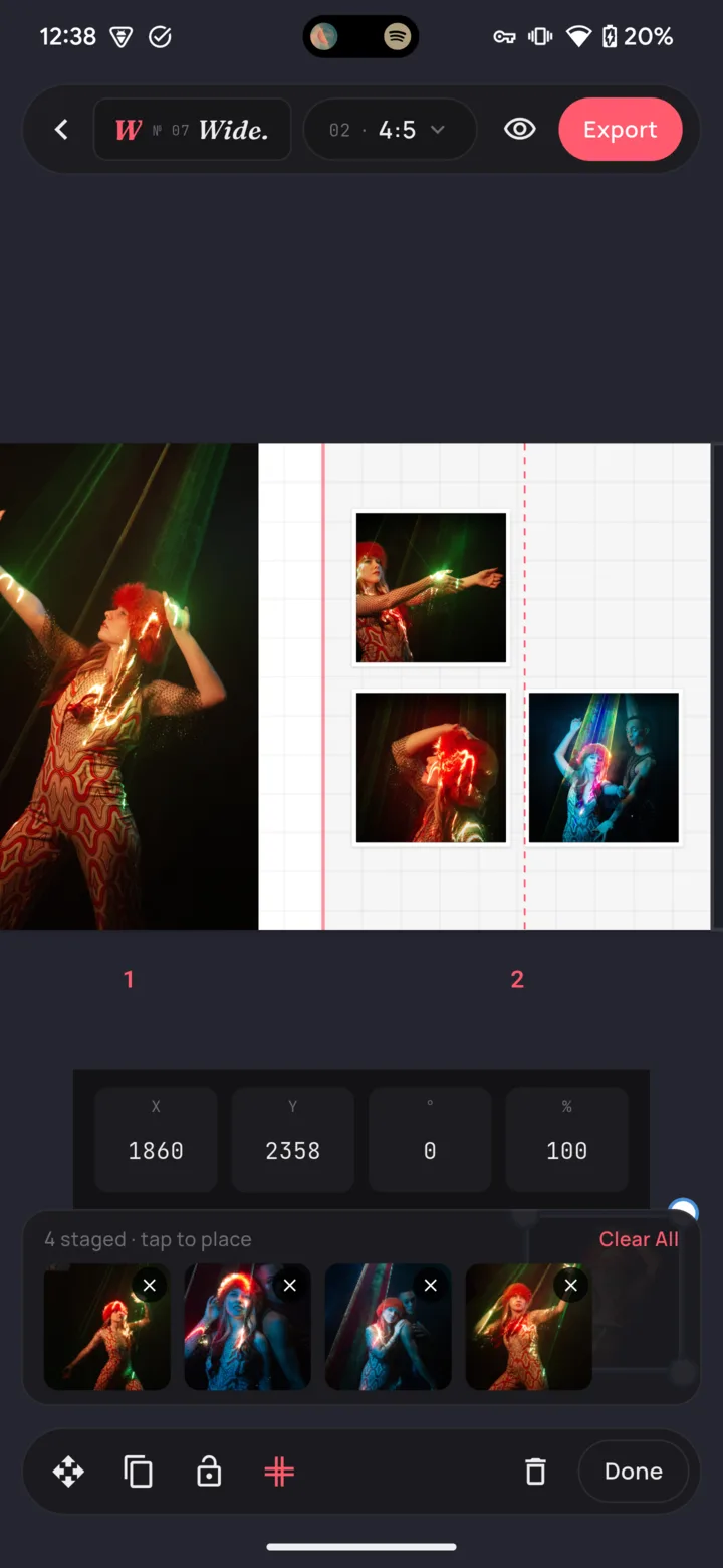 Wide editor: photos arranged across two carousel slides with a red line where the slides meet