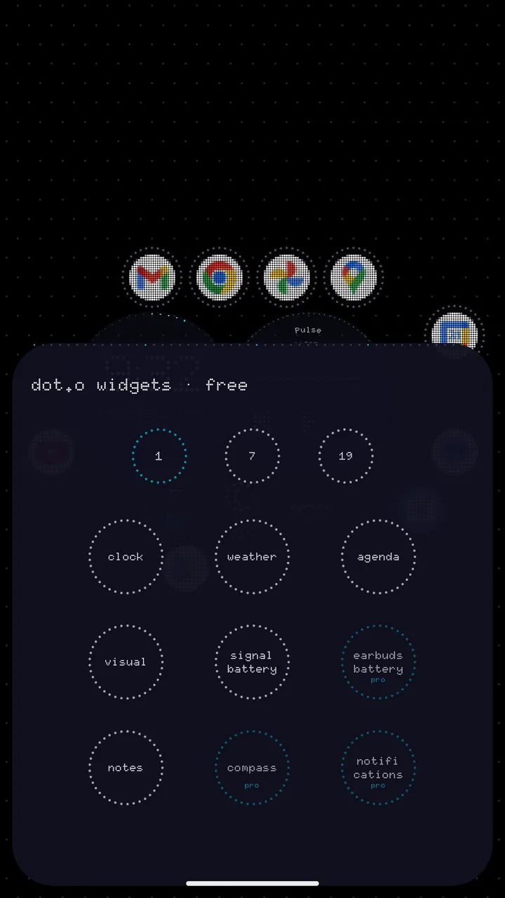 The widget picker, showing round widgets at their real size