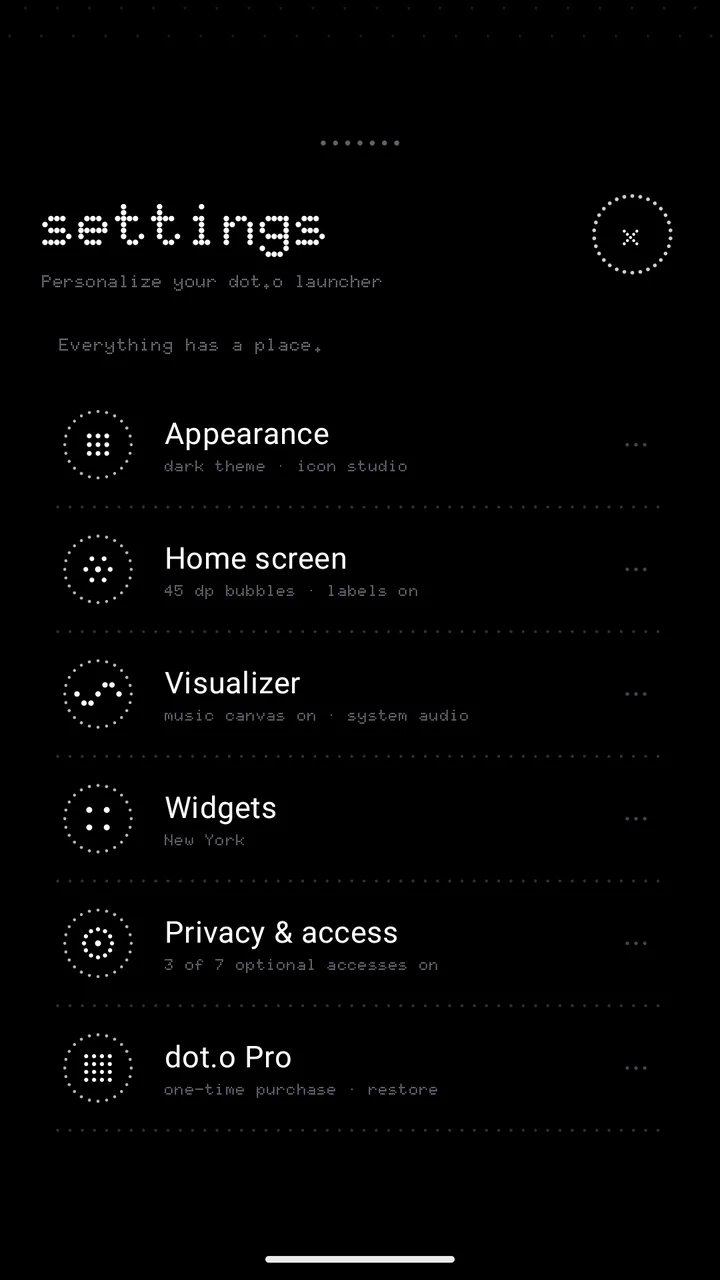The settings screen with six plainly named sections